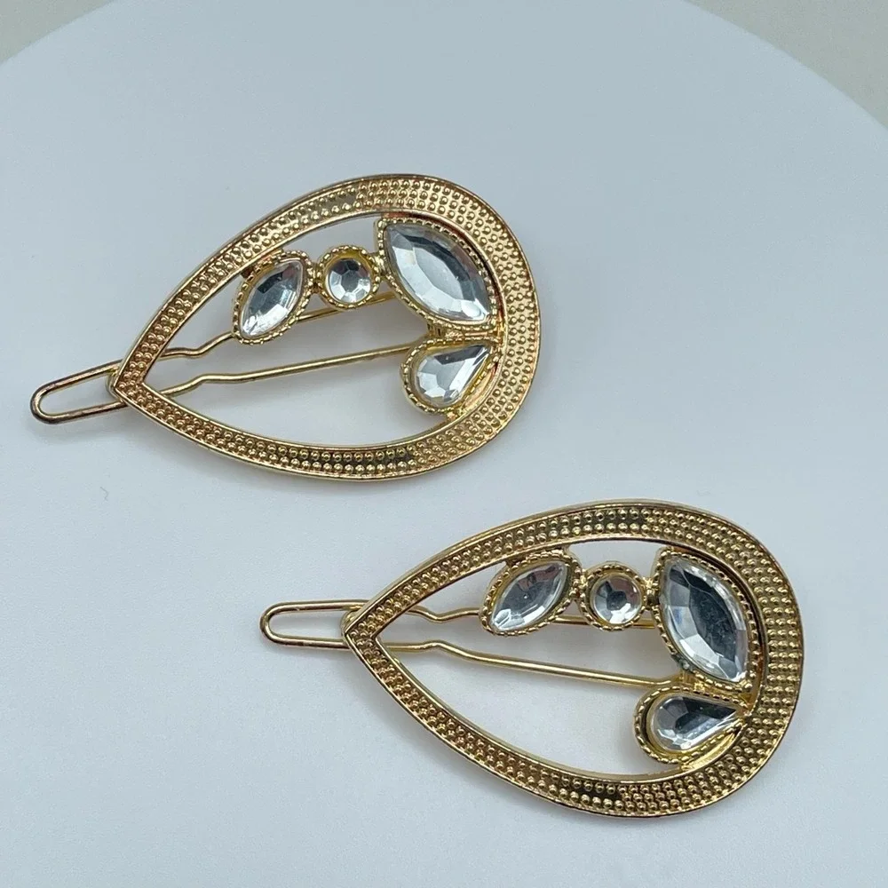 Vintage 80s Teardrop Hair Clips Set Gold & Silver Tone Rhinestone Bobby Pins Y2K